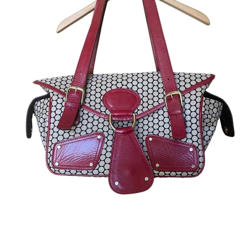 Mia Bossi Polka Dot Diaper Bag Red Leather‎ Trim Large Satchel Made in USA